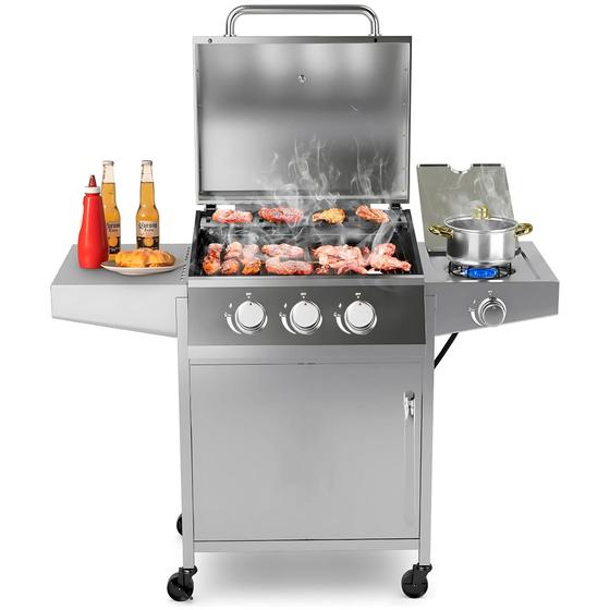 Imagem de Churrasqueira Inox a Gas 3 Queimadores Estilo Americana com Bafo e termometro carrinho com rodinhas feito para churrasco profissional acende automatic