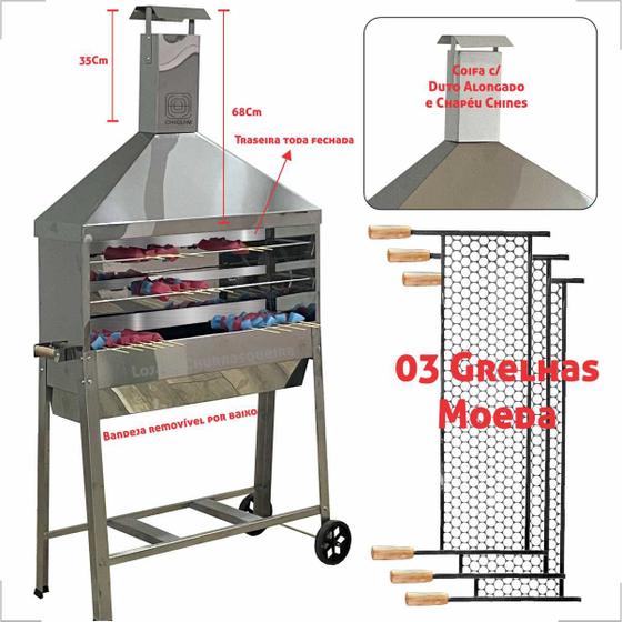 Imagem de Churrasqueira Para Espetinho Inox Tamanho 95x25 Coifa Inox c/ 03 Grelhas Inox 90x25