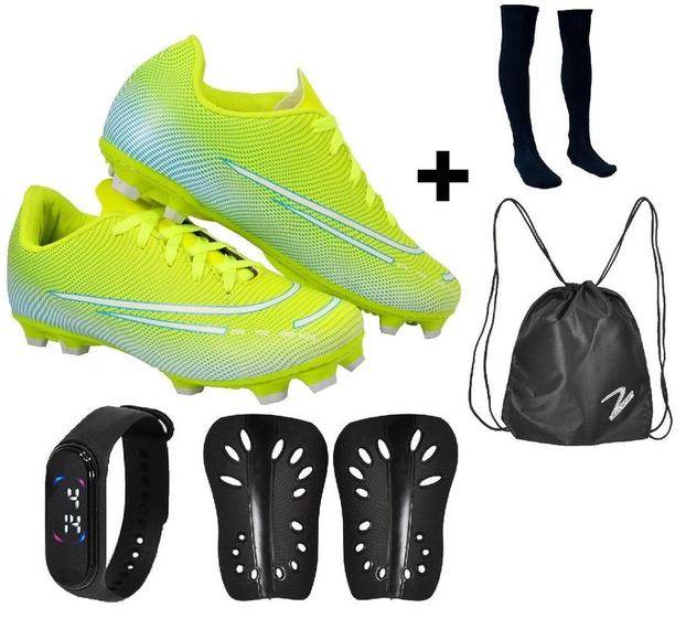 Imagem de Chuteira Campo Adulto Juvenil 200 Nova Travas Futebol Uzze + Meião Caneleira Relógio Mochila