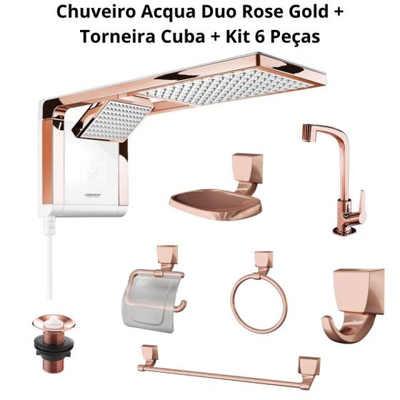 Imagem de Chuveiro Acqua Duo Rose Gold + Torneira Cuba + Kit 6 Peças