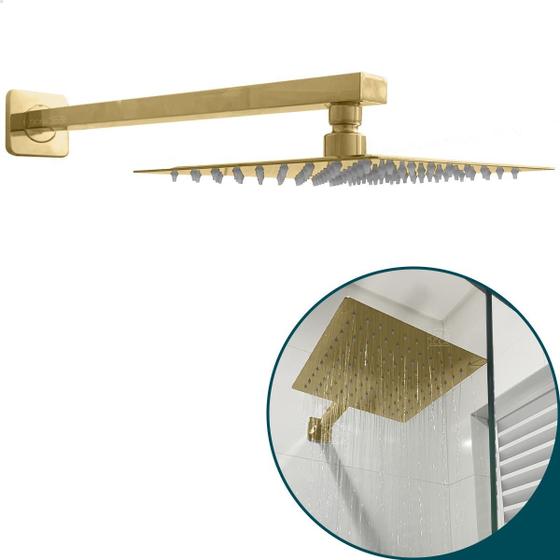 Imagem de Chuveiro Dourado 20x20 Ducha Quadrada Inox Dourada Gold Cascata 20cm A Gas Braço Suporte 40cm De Parede Horizontal Slim Square Banheiro Luxo