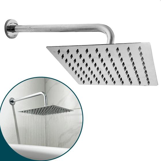 Imagem de Chuveiro Ducha Quadrada Inox Polido Banheiro 20x20 De Parede Fria Slim Cascata A Gas 20cm Braço Redondo Curvado Suporte Haste Horizontal