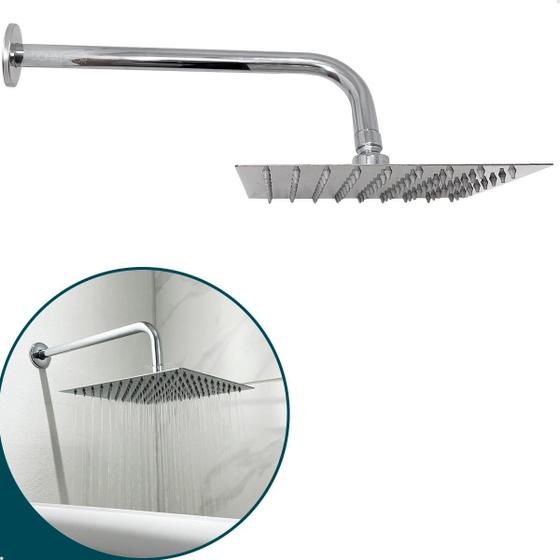 Imagem de Chuveiro Inox 30x30 A Gas De Parede Banheiro Ducha Fria Quadrada Slim Cascata 30cm Braço Suporte Curvado Chuveirão Externo Piscina Square