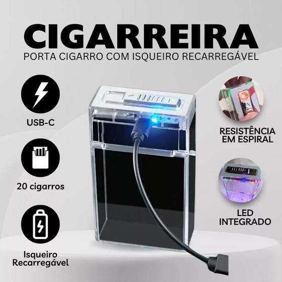 Imagem de Cigarreira Porta Cigarro Portátil Isqueiro Recarregável Usb