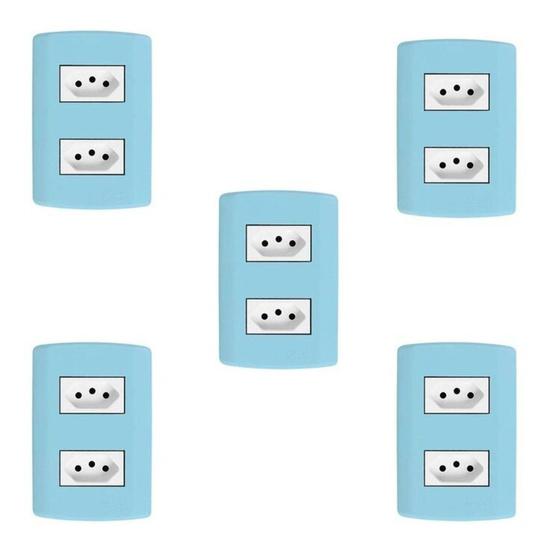 Imagem de Cinco Conjuntos com 2 Tomadas 2p+t 20A 250v, Modular, com Placa 4x2 e Suporte Azul e Branco