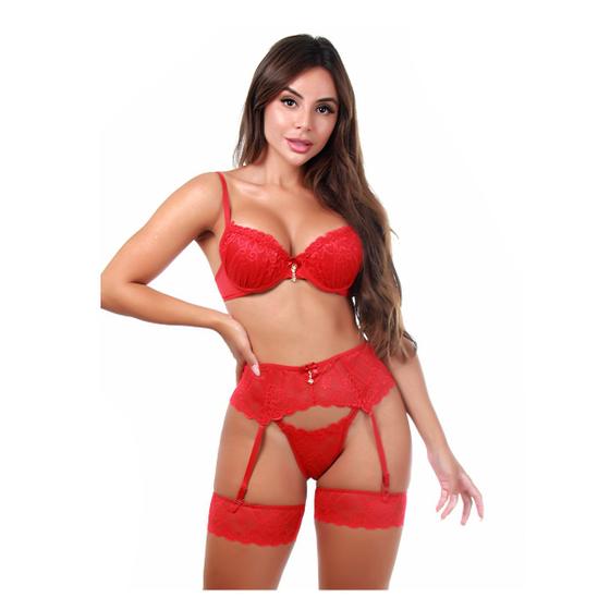 Imagem de Cinta Liga Corpete Com Meias 7/8 Perneira Lingerie Vermelho