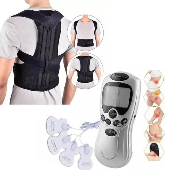 Imagem de Cinta Postural Colete Corretor De Postura Lombar Ajustável + Aparelho Fisioterapia Acupuntura Choque Massageador Bivolt