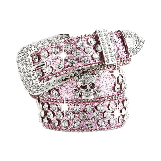 Imagem de Cinto Feminino De Couro PU Com Rebites De Caveira E Strass, Cinto Jeans Cowboy De Cor Sólida
