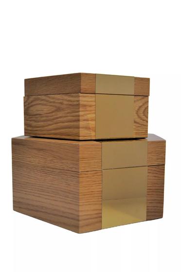 Imagem de Cj 2 caixas de madeira e metal cor natural e dourado