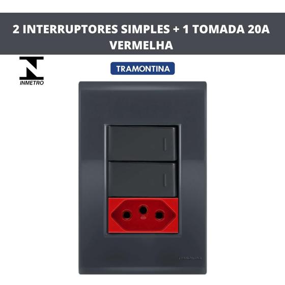Imagem de Cj 2 interruptores simples + 1 tomada 20a vermelha liz grafite tramontina