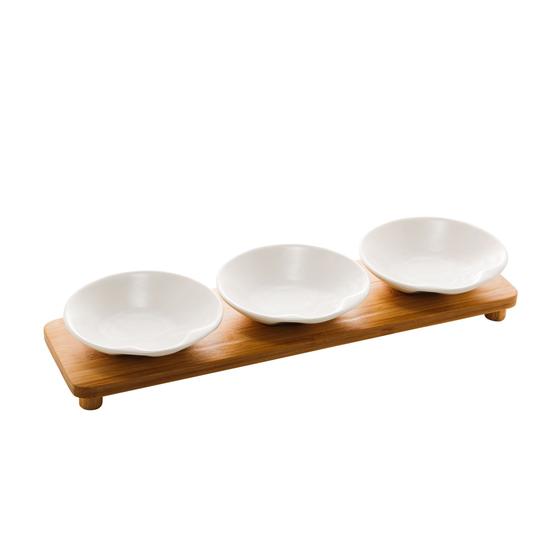 Imagem de Cj 3 petisqueiras porcelana c/bandeja bambu branco matt