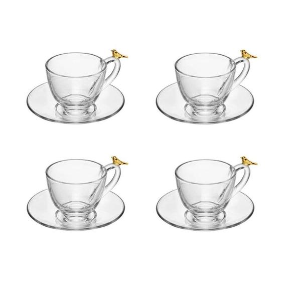 Imagem de Cj 4 Xícaras P/Café C/Pires de Vidro Golden Bird Transparente 80ml Wolff