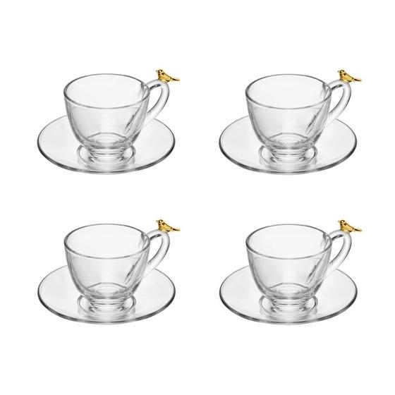 Imagem de Cj 4 Xícaras P/Café C/Pires de Vidro Golden Bird Transparente 80ml Wolff