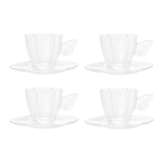 Imagem de Cj 4 Xícaras P/Chá C/Pires de Vidro Butterfly Transparente 180ml Wolff