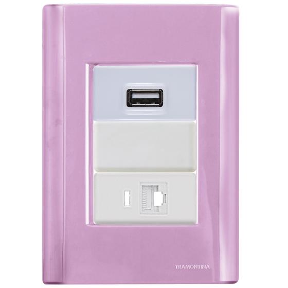 Imagem de Cj placa Tomadas USB + RJ45 Ethernet Rosa Giz Tramontina completo pronto
