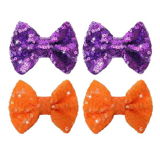 Imagem de Clipes de Laço de Cabelo de Halloween - Laranja e Roxo com Lantejoulas para Meninas