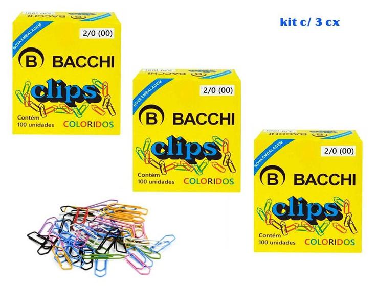 Imagem de Clips 2/0 Colorido 3,2cm 100 Unidades Kit c/ 3 Caixas Bacchi