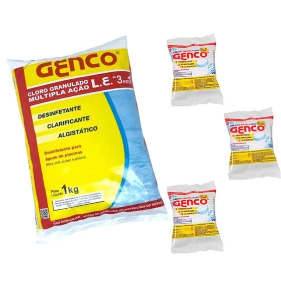 Imagem de Cloro Granulado 1kg 3 em 1 com Clarificante e Algistatico + 3 Pastilhas 3 em 1 Genco