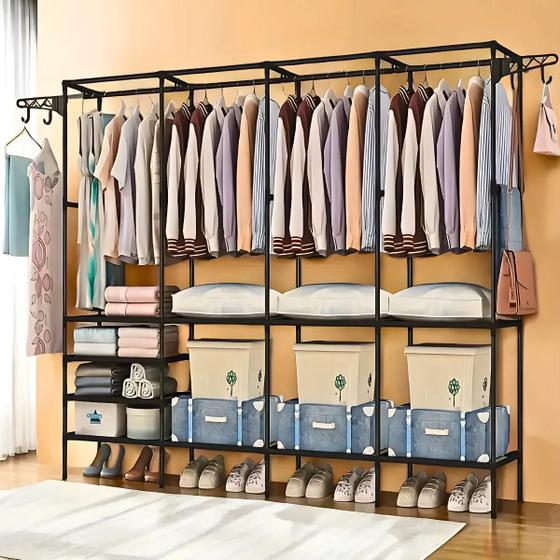 Imagem de Closet Aberto 4 Colunas Guarda Roupas Casal Aço Metal Simples Estudante Organizador com Sapateira Cabideiro Milemon