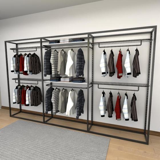 Imagem de Closet araras, guarda roupas aberto industrial com 15 peças preto e branco fdprb180
