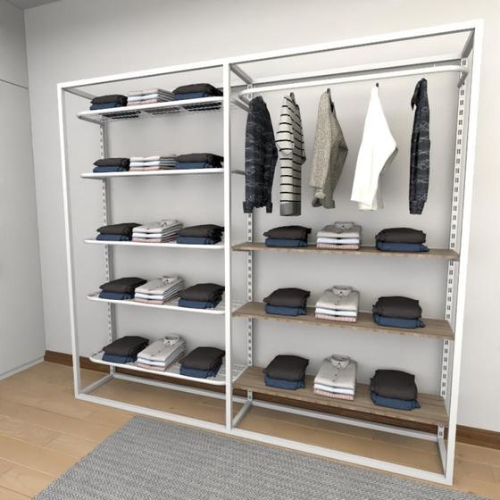 Imagem de Closet araras, guarda roupas aberto industrial com 17 peças branco e amadeirado fdbrae591