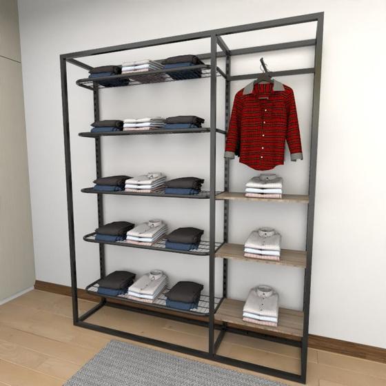 Imagem de Closet araras, guarda roupas aberto industrial com 18 peças preto e amadeirado fdprae326