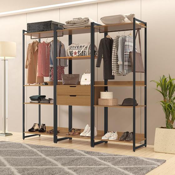 Imagem de Closet Casal 3 Módulos Industrial Madeira Maciça com Prateleiras 2 Cabideiros e 2 Gavetas Imbuia