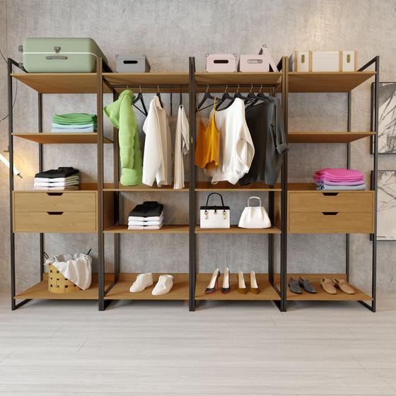 Imagem de Closet Casal 4 Módulos Industrial Madeira Maciça com Prateleiras 2 Cabideiros e 4 Gavetas Imbuia