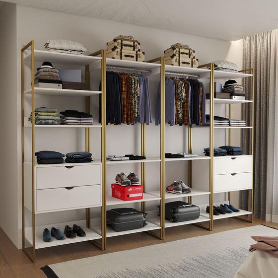 Imagem de Closet Industrial Casal Completo Loft Branco 4 Módulos Cabideiro com Gavetas Base Dourada