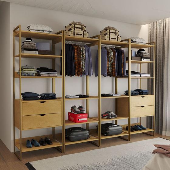 Imagem de Closet Industrial Casal Completo Loft Canela 4 Módulos Cabideiro com Gavetas Base Dourada