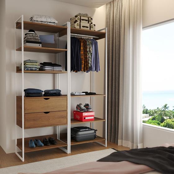 Imagem de Closet Industrial Casal Loft 2 Módulos Amêndoa Cabideiro com Gavetas Ferro Branco 