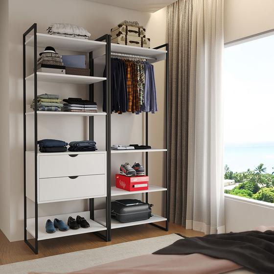 Imagem de Closet Industrial Casal Loft 2 Módulos Branco Cabideiro com Gavetas Ferro Preto