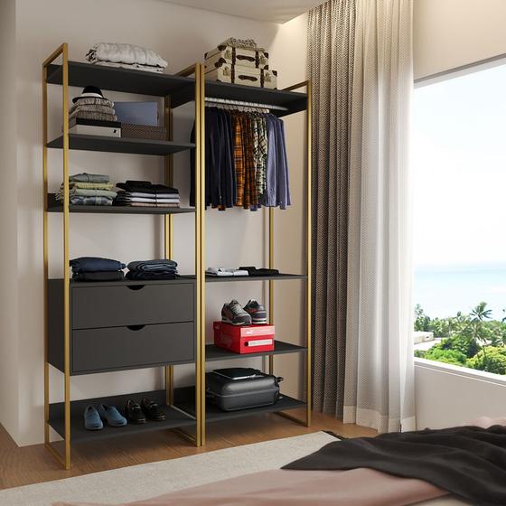 Imagem de Closet Industrial Casal Loft 2 Módulos Preto Cabideiro com Gavetas Base Dourada