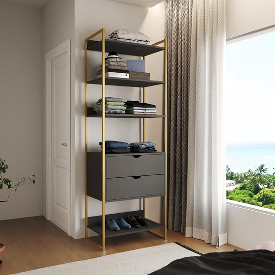 Imagem de Closet Solteiro Estilo Industrial Loft 1 Módulo com Gaveta Preto Base Dourada