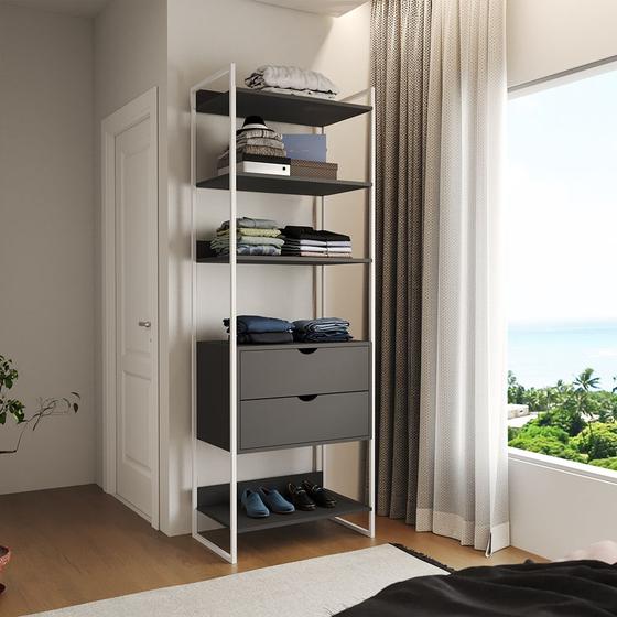 Imagem de Closet Solteiro Estilo Industrial Loft 1 Módulo com Gaveta Preto Ferro Branco 