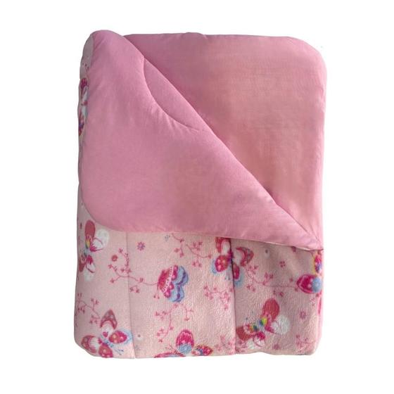 Imagem de Coberdrom Cama Júnior Dupla Face Plush Borboletas e Malha Rosa Arrumadinho Enxovais