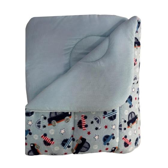 Imagem de Coberdrom Casal Dupla Face Plush Carrinhos e Malha Azul Arrumadinho Enxovais