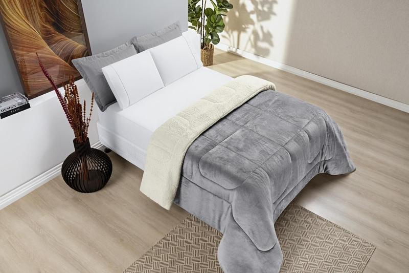 Imagem de Coberdrom casal queem de manta soft com  sherpa com mantinha cor cinza