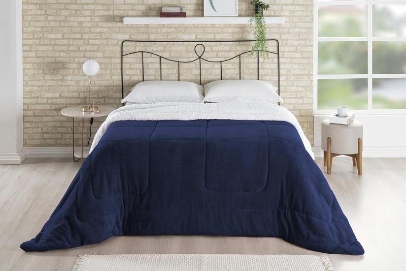 Imagem de Coberdrom Casal Queen Dupla Face Felpudo Macio Sherpa Azul