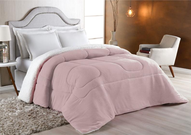 Imagem de Coberdrom Queen Size Dupla Face - Sherpa com Manta Coral Fleece Rosê