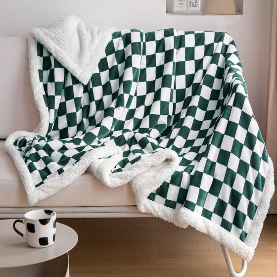 Imagem de Cobertor Sherpa Fleece LOMAO com Padrão Xadrez Verde