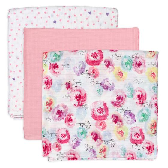 Imagem de Cobertores Swaddle HonestBaby de Algodão Orgânico - Pacote com 3 Unidades (Rosa)