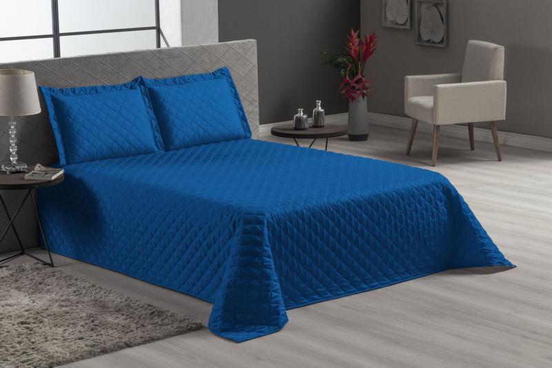 Imagem de Cobre Leito Cama Casal Padrão 3 Peças Matelado Azul Royal