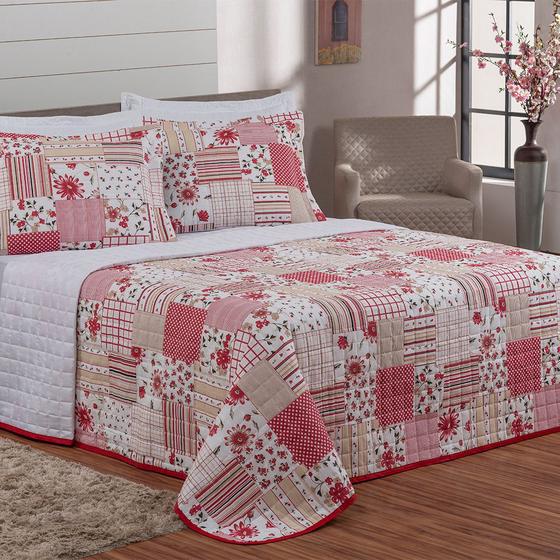 Imagem de Cobre Leito Casal Flowers Estampado 03 Pç Patchwork Vermelho