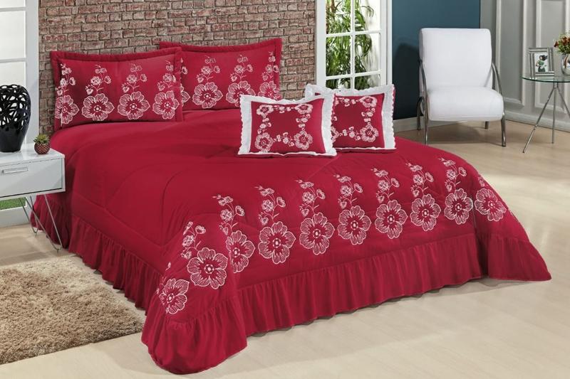 Imagem de Cobre Leito Casal Queen Amore 07 Peças Bordado - Vermelho