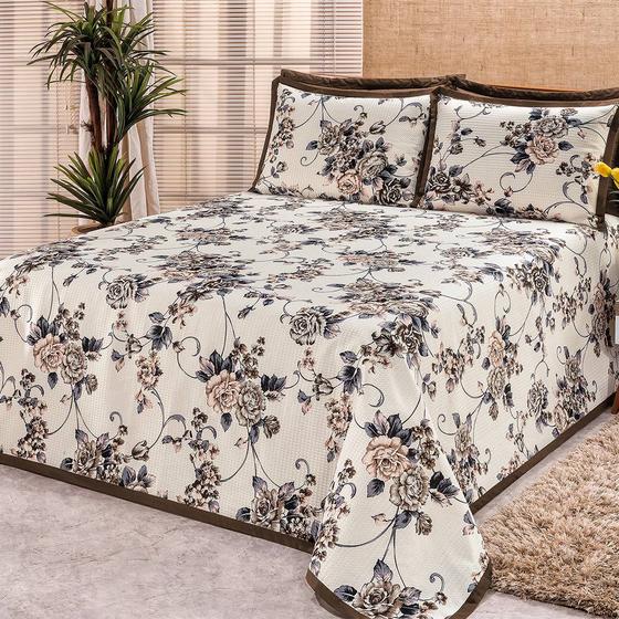 Cobre Leito Colcha Cama Casal King 03 Peças Tecido Piquet Estampado Floral Marrom Menor preço em Cobre Leito Colcha Cama Casal King 03 Peças Tecido Piquet Estampado Floral Marrom