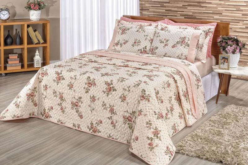 Imagem de Cobre Leito Colcha Cama Queen Algodão Dupla Face 3pçs Floral Salmão