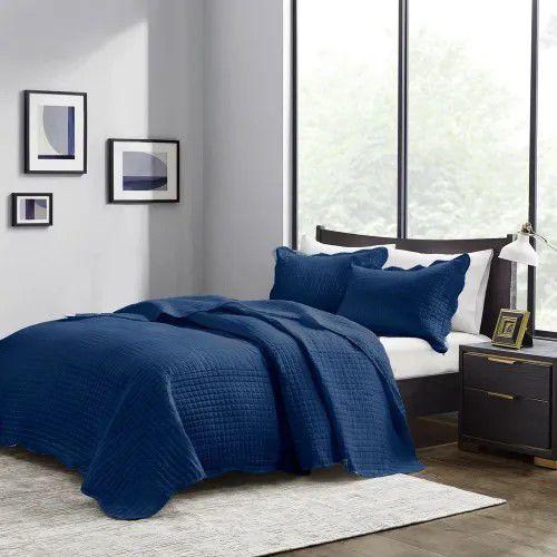 Imagem de Cobre Leito Colcha Para Cama Queen Size 3 Peças Dupla Face 2,40 x 2,60 Azul Marinho Corttex