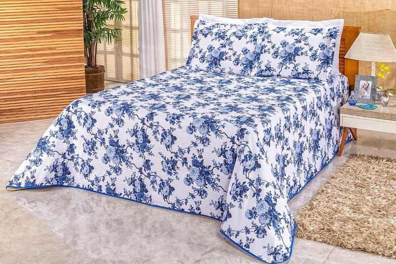 Imagem de Cobre Leito Colcha Piquet Floral Azul Queen Hotel Pousada