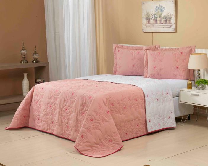 Imagem de Cobre Leito floral bordado  KING 3pç 100%ag Dupla Face 180fio Rose com Branco